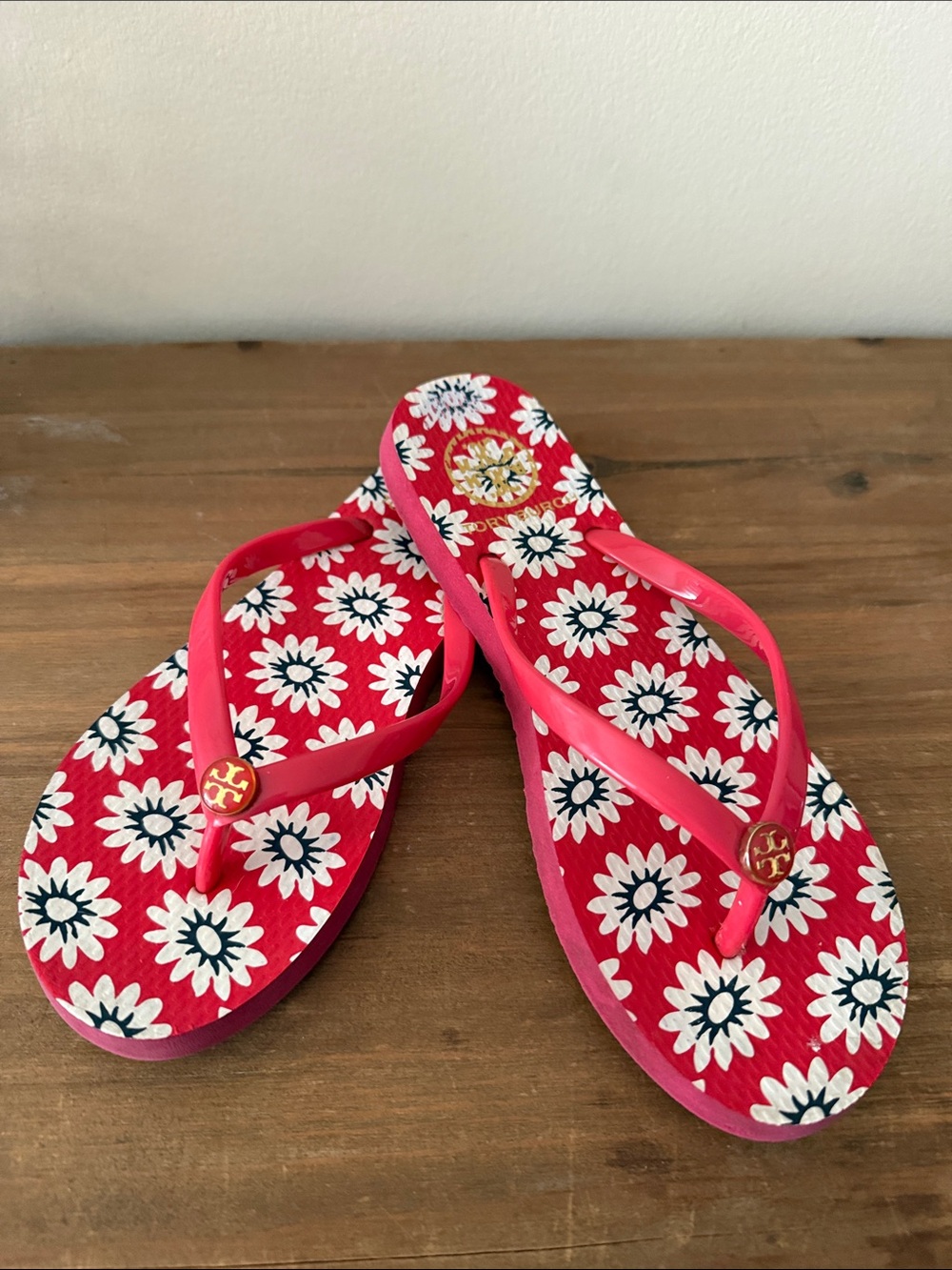 Tory Burch Red Floral Daisy Flip Flops